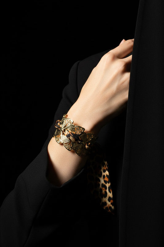 Wild Monarch Leopard Ribbon Stainless Steel Cuff Bracelet