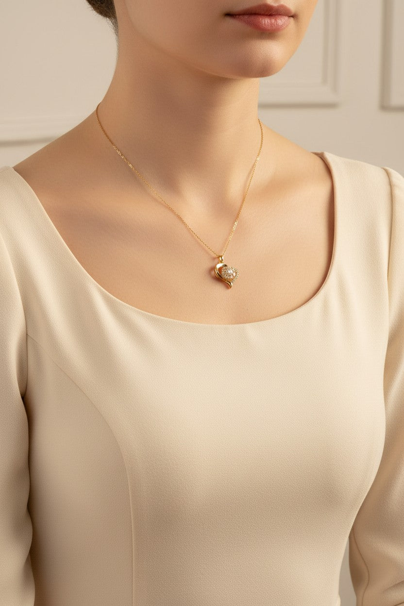 Seraphina Asymmetric Paved Heart Pendant Necklace - Stainless Steel
