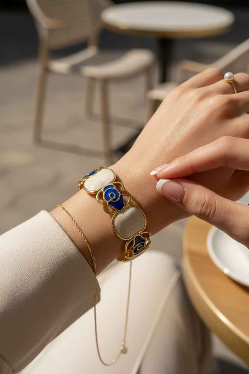 Azure Mosaic Enamel Stainless Steel Cuff Bracelet