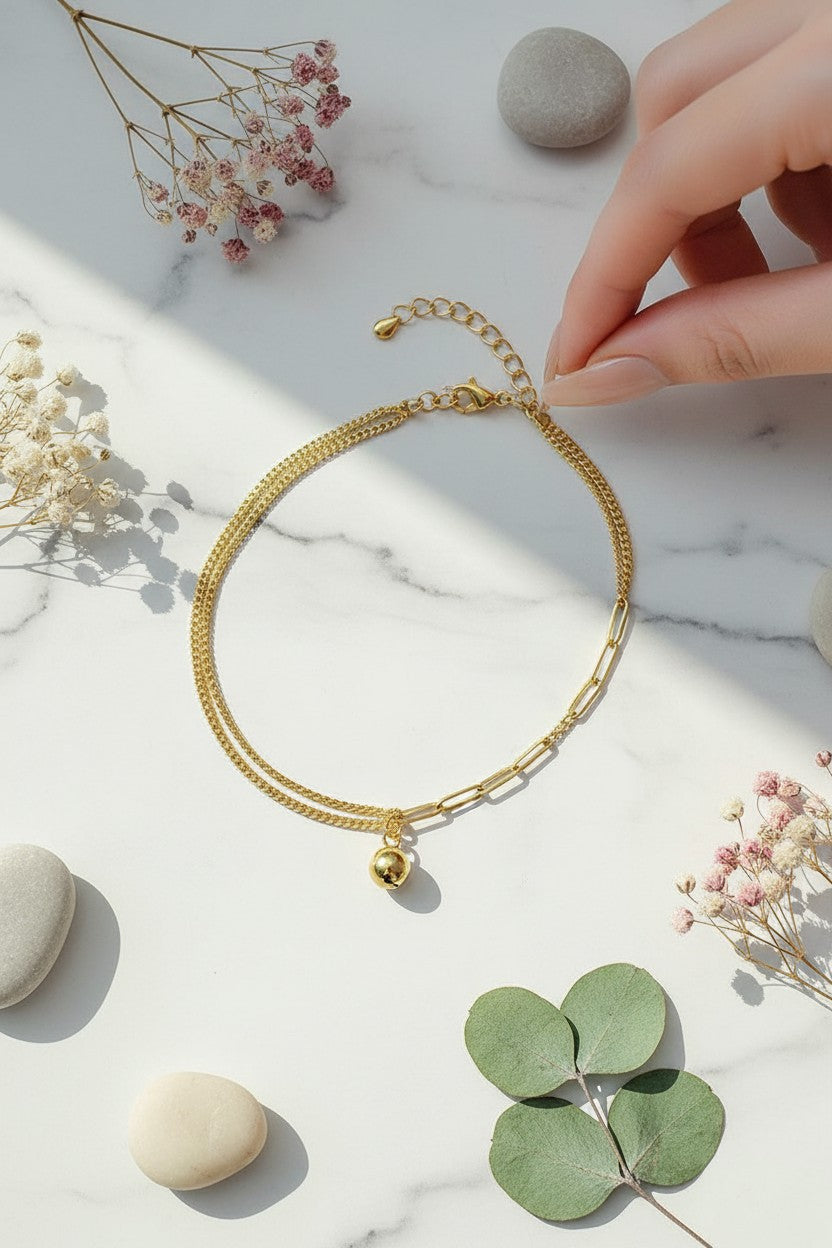 Dual-Strand Curb & Paperclip Chain Ball Anklet