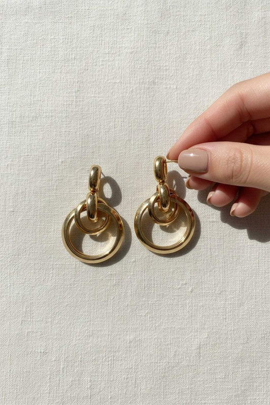 Gold Plated Double Ring Drop Hoop Earrings for Women