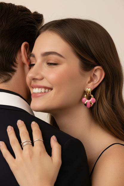 Retro Fan Pink Enamel Stainless Steel Drop Earrings