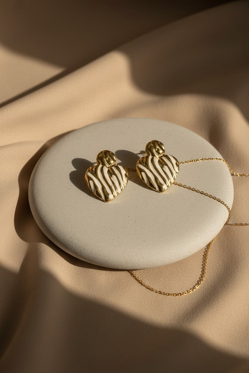 Zebra Stripe Enamel Heart Drop Earrings