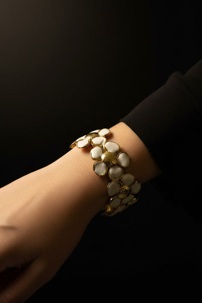 Magnolia White Enamel Floral Cuff Bangle | Stainless Steel