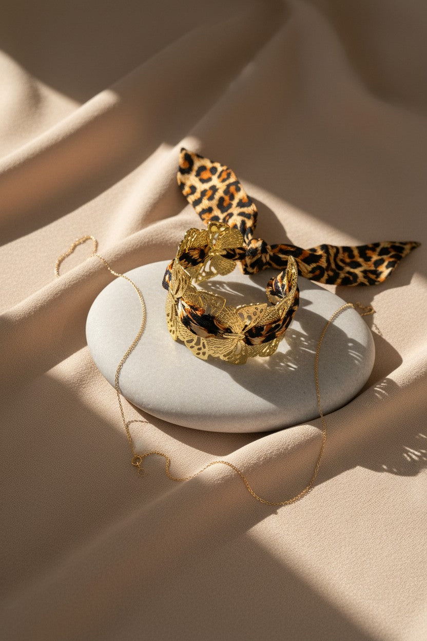 Wild Monarch Leopard Ribbon Stainless Steel Cuff Bracelet