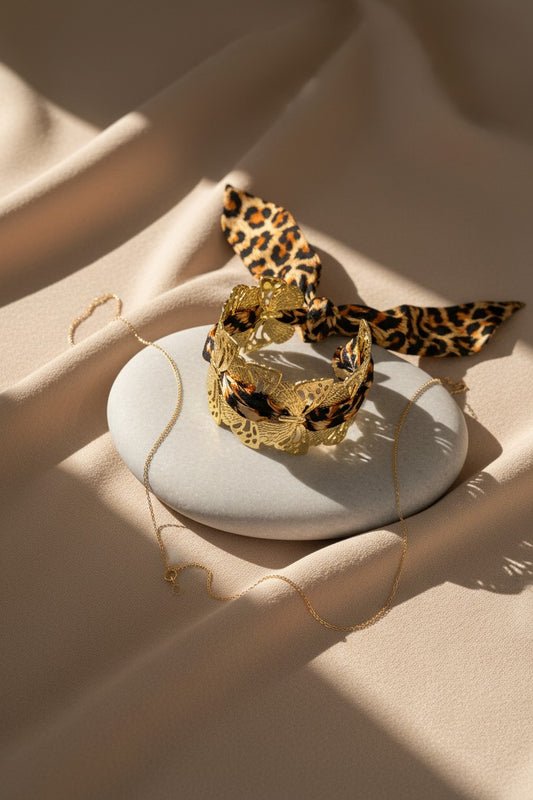 Wild Monarch Leopard Ribbon Stainless Steel Cuff Bracelet