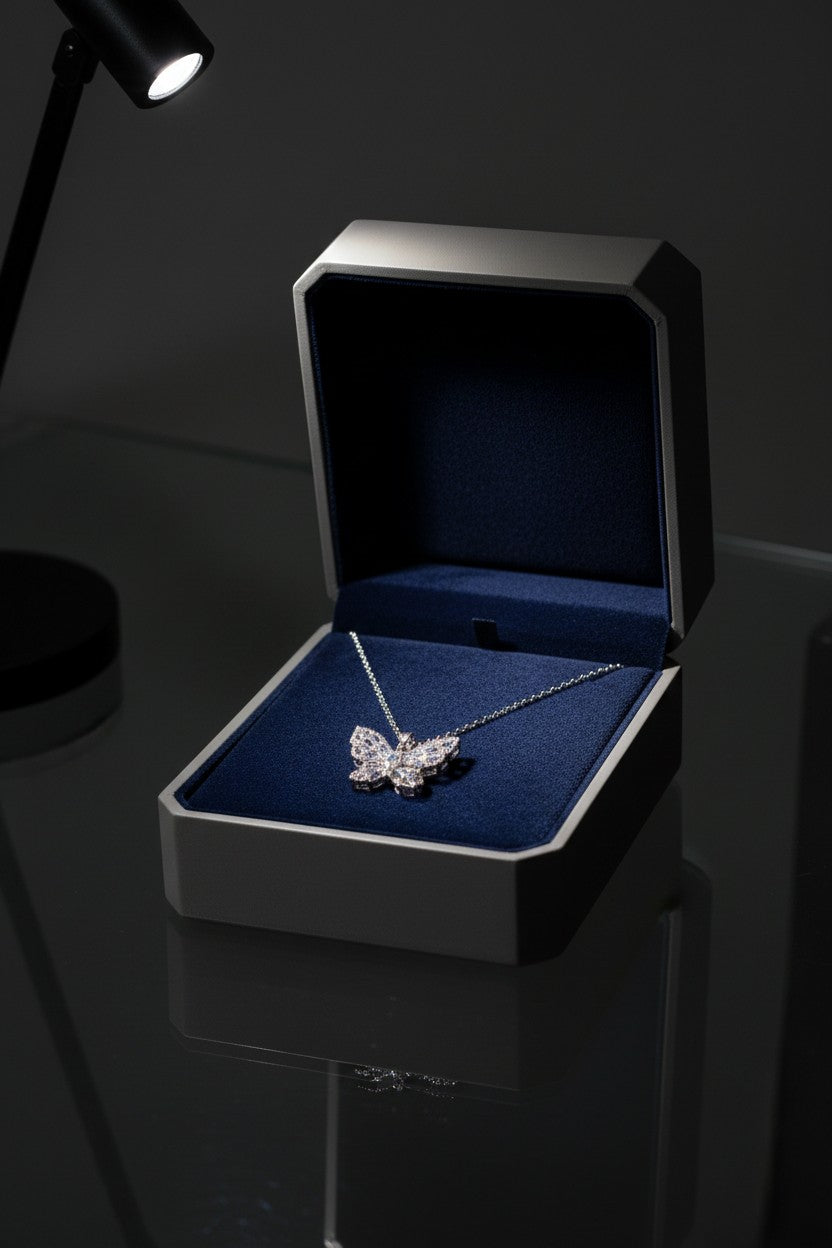 Silver Plated Crystal Butterfly Pendant Necklace with Gift Box for Women