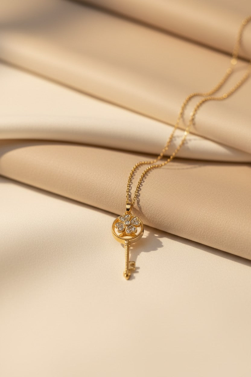 Clover Key Crystal Embedded Gold Necklace | Stainless Steel