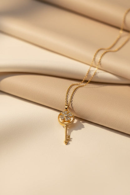 Clover Key Crystal Embedded Gold Necklace | Stainless Steel