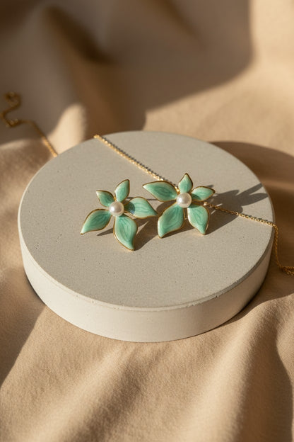 Mint Blossom Enamel Pearl Stud Earrings