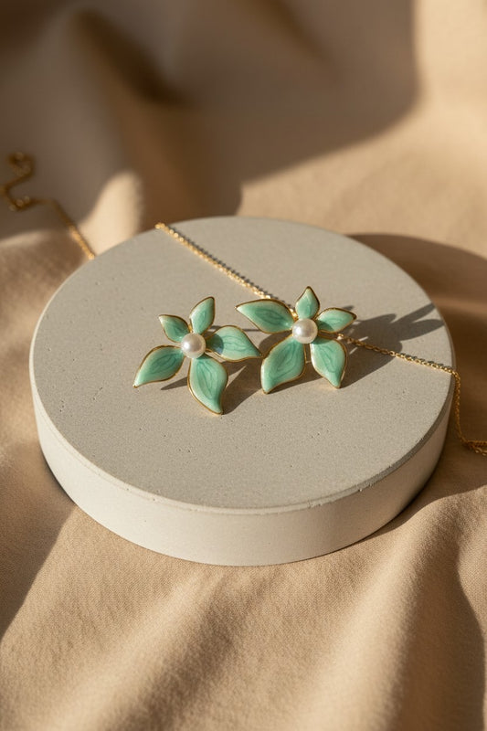 Mint Blossom Enamel Pearl Stud Earrings
