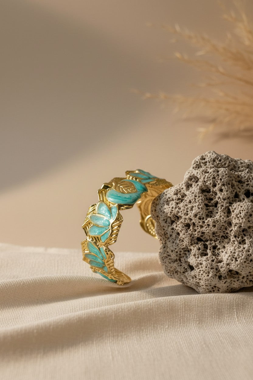 Greek Laurel Turquoise Enamel Cuff Bangle | Stainless Steel
