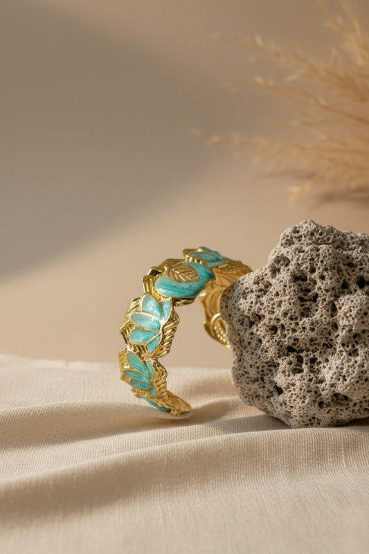 Greek Laurel Turquoise Enamel Cuff Bangle | Stainless Steel