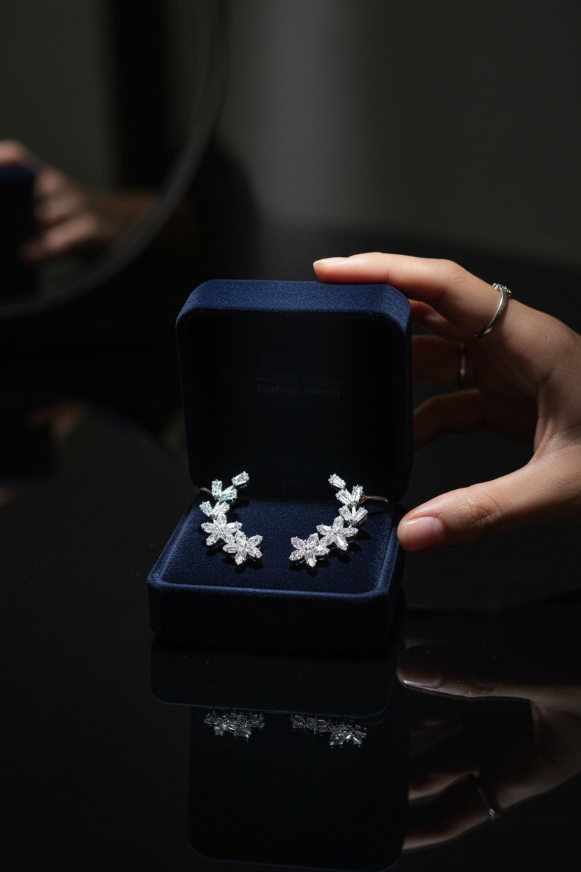 Silver Plated Cubic Zirconia Floral Ear Cuff Climber Earrings for Women