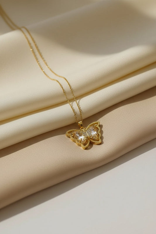 Monarch Paved Winged Solitaire Gold Necklace | Stainless Steel