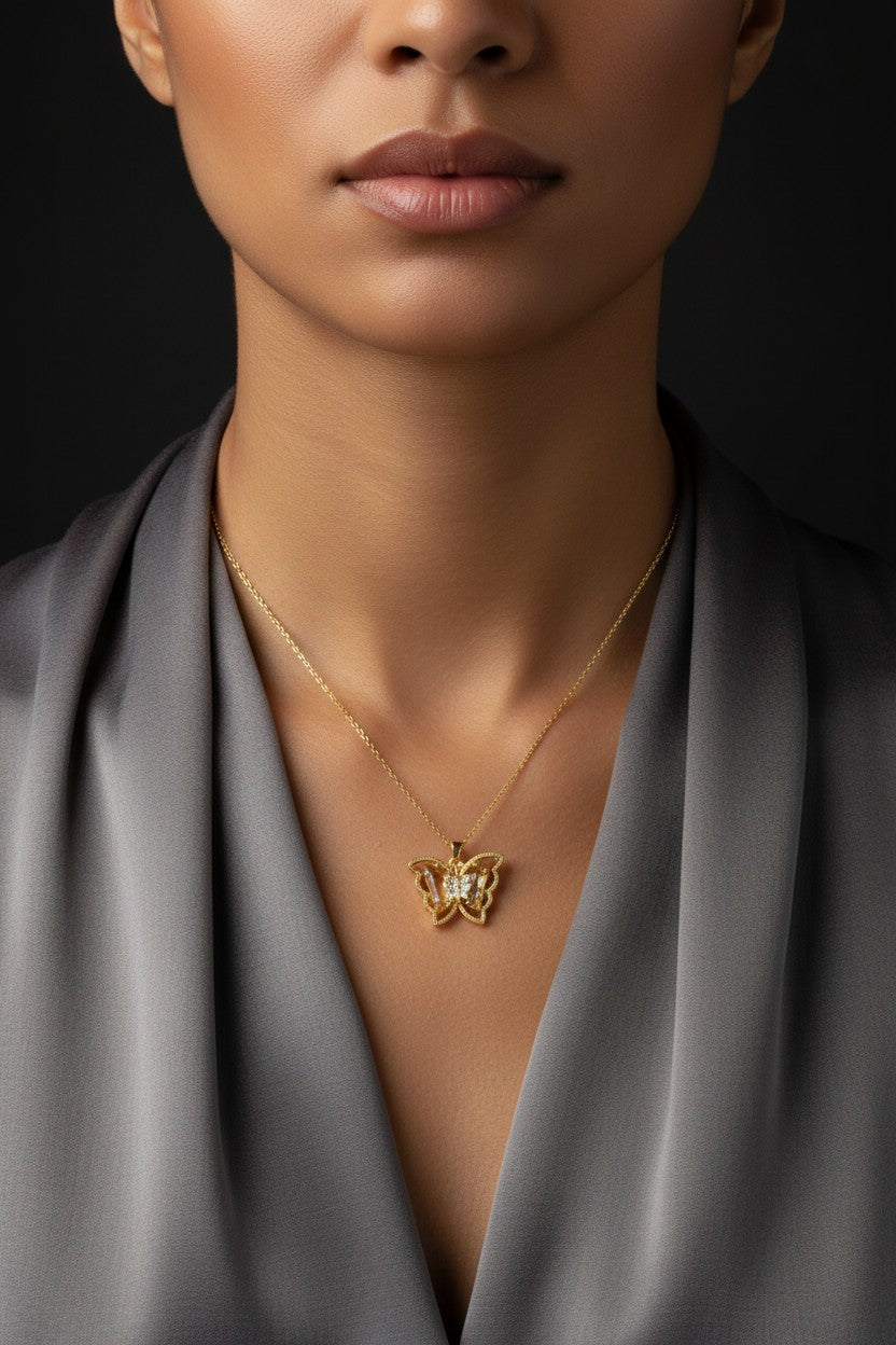 Monarch Paved Winged Solitaire Gold Necklace | Stainless Steel