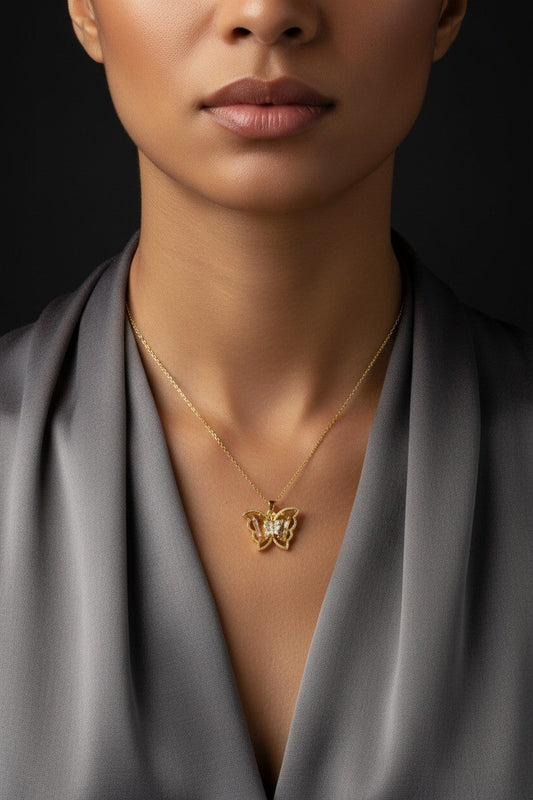 Monarch Paved Winged Solitaire Gold Necklace | Stainless Steel