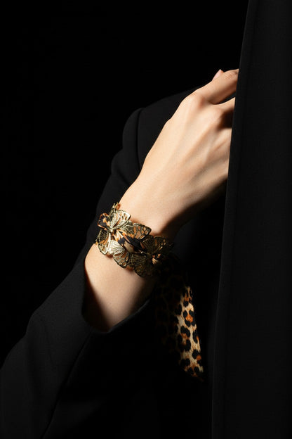 Wild Monarch Leopard Ribbon Stainless Steel Cuff Bracelet
