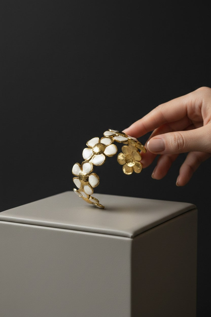Magnolia White Enamel Floral Cuff Bangle | Stainless Steel