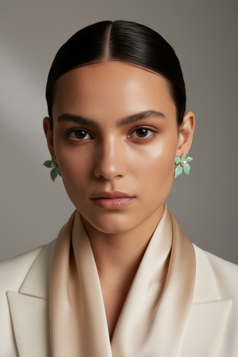 Mint Blossom Enamel Pearl Stud Earrings