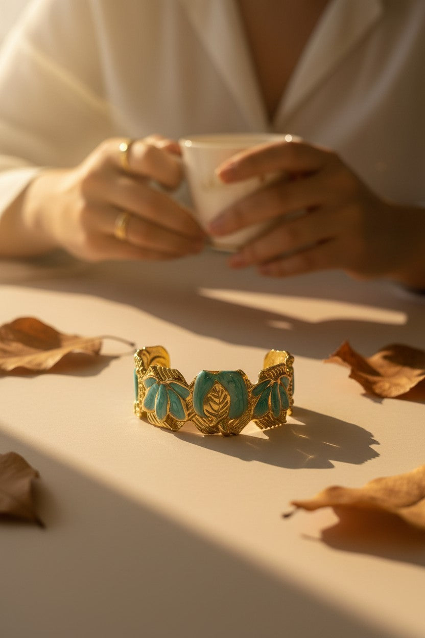 Greek Laurel Turquoise Enamel Cuff Bangle | Stainless Steel
