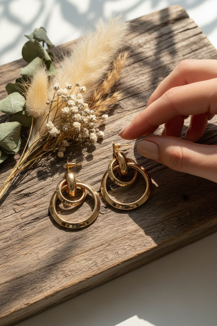Gold Plated Double Ring Drop Hoop Earrings for Women