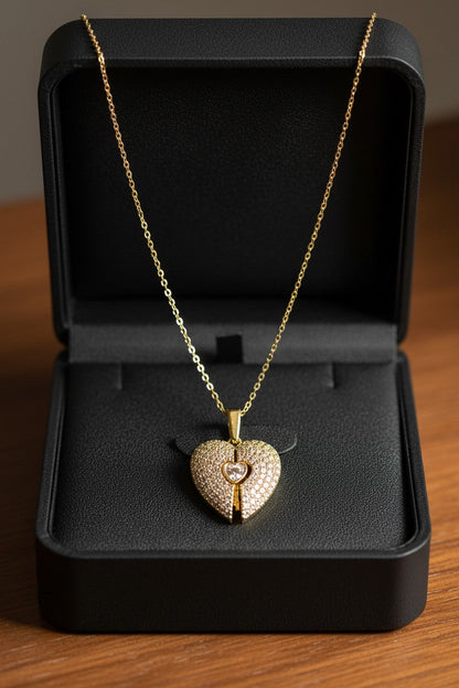 Amora Fully Paved Heart Locket Pendant Necklace | Stainless Steel