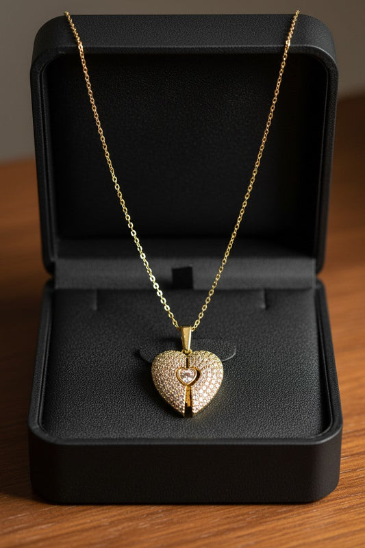 Amora Fully Paved Heart Locket Pendant Necklace | Stainless Steel