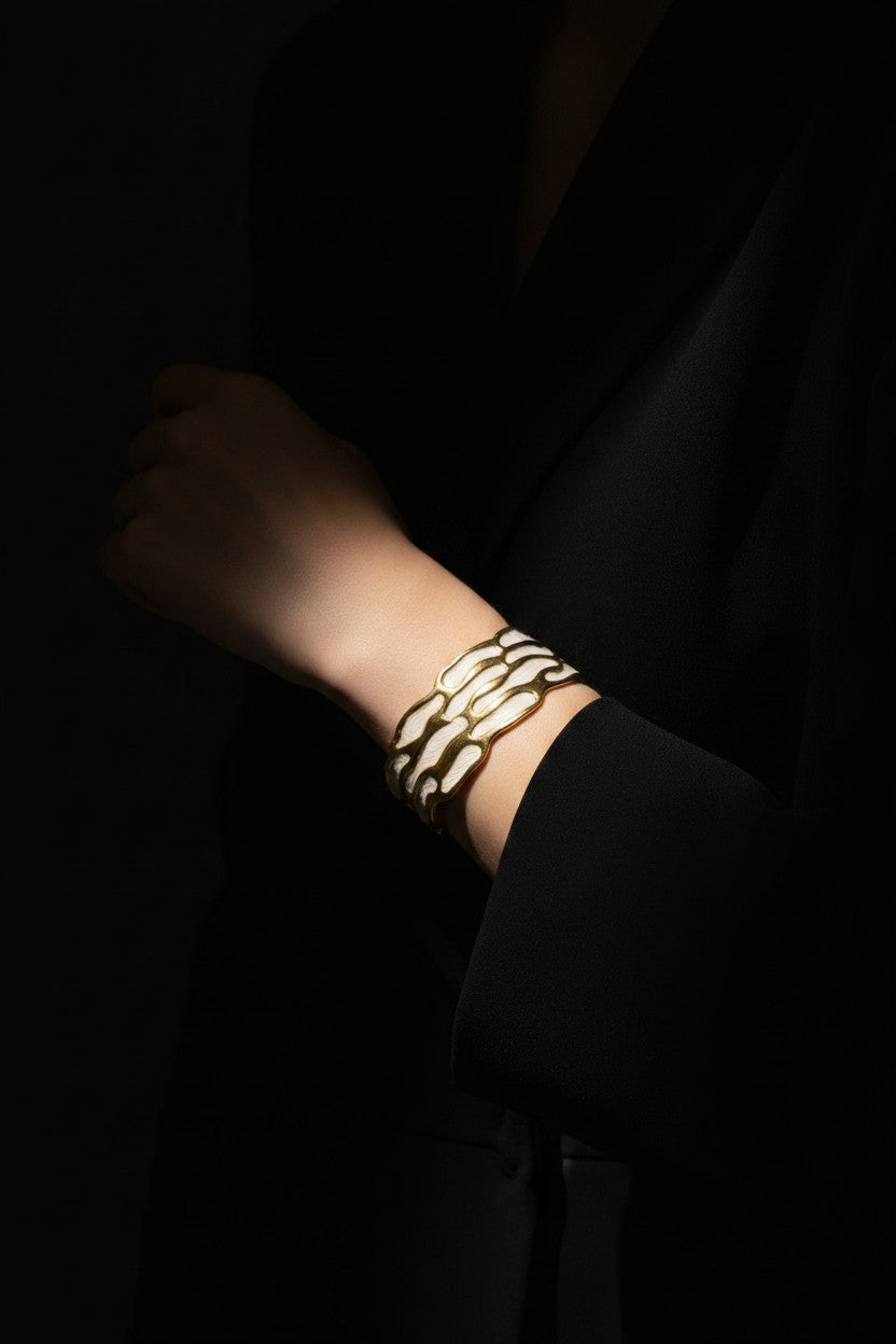 Ivory Cellular Enamel Stainless Steel Cuff Bracelet