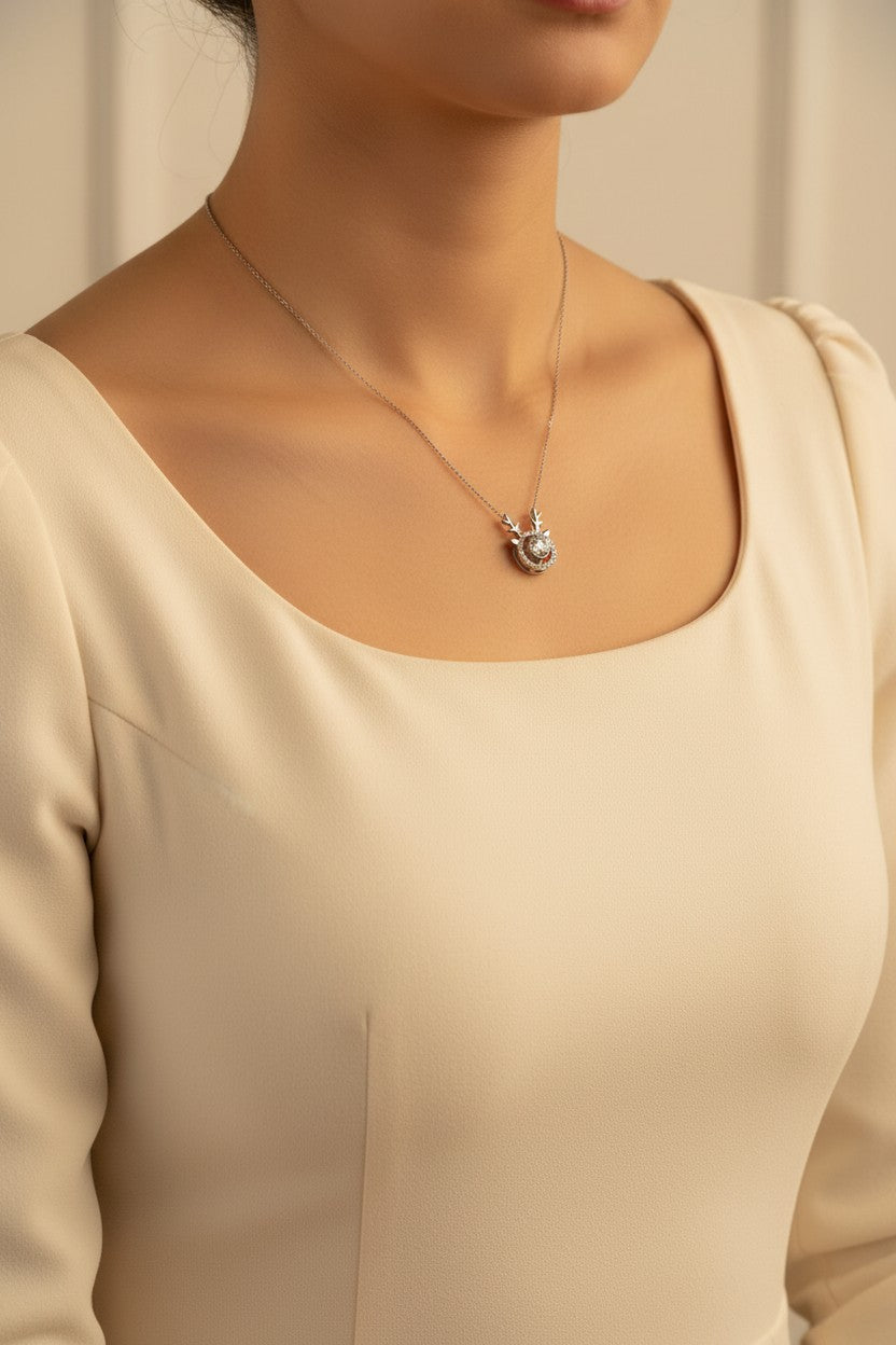 Celeste Antler Crystal Halo Pendant Necklace | Stainless Steel