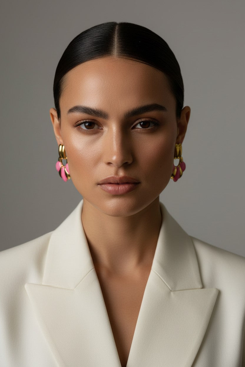 Retro Fan Pink Enamel Stainless Steel Drop Earrings
