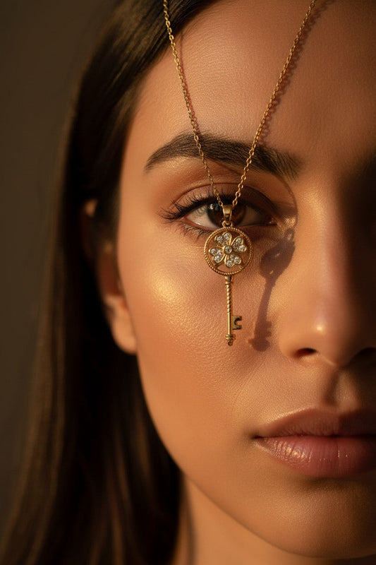 Clover Key Crystal Embedded Gold Necklace | Stainless Steel
