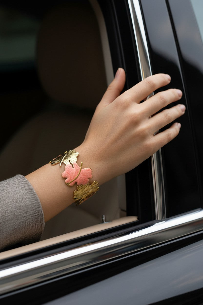 Ginkgo Leaf Enamel Stainless Steel Cuff Bracelet