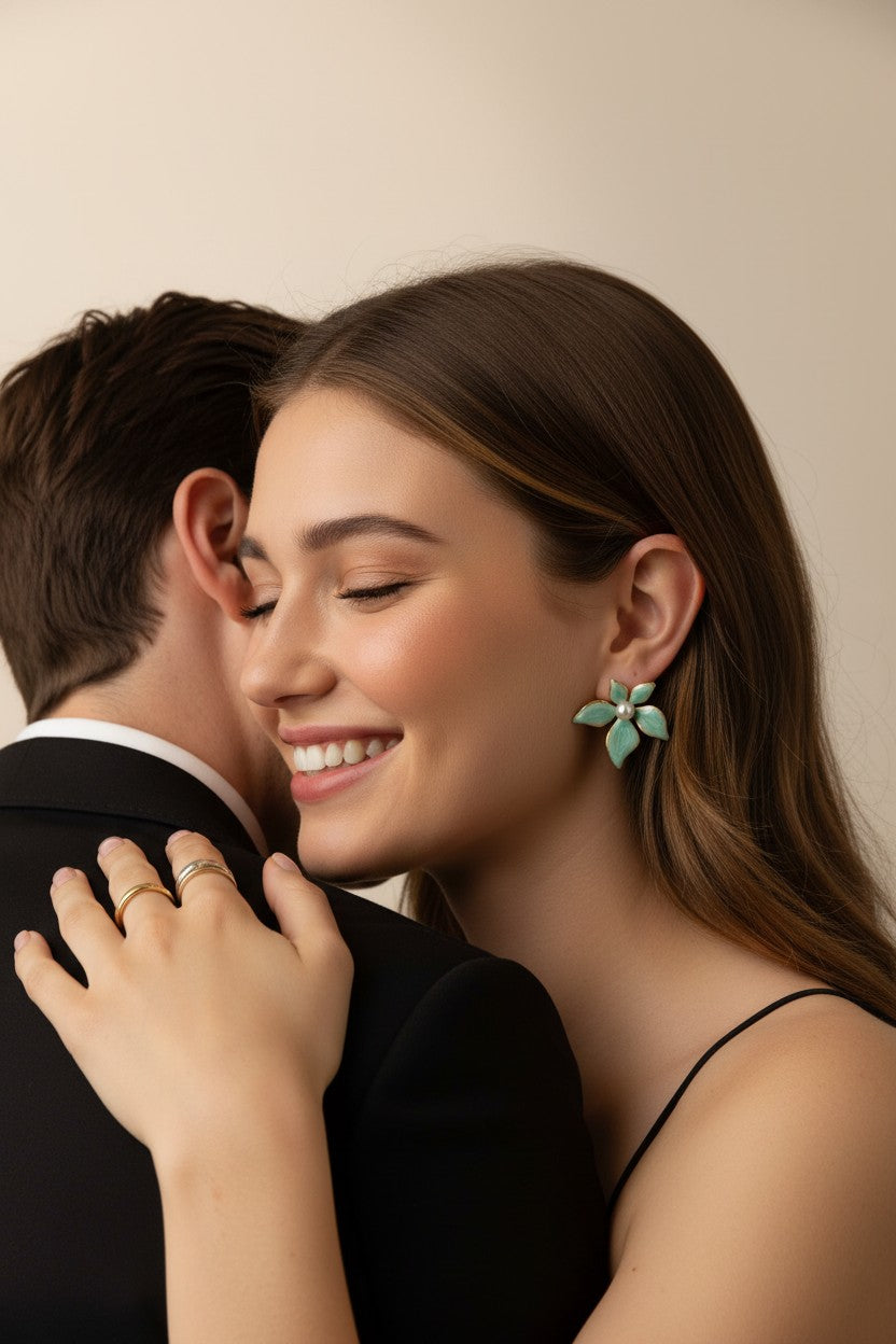Mint Blossom Enamel Pearl Stud Earrings