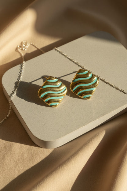 Aegean Wave Enamel Rhombus Stud Earrings