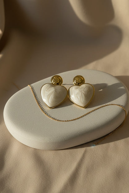 Ivory Swirl Enamel Heart Drop Earrings