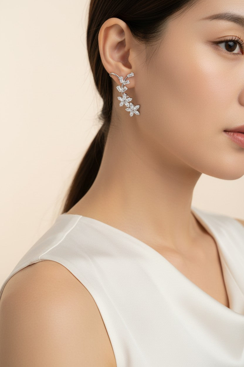 Silver Plated Cubic Zirconia Floral Ear Cuff Climber Earrings for Women