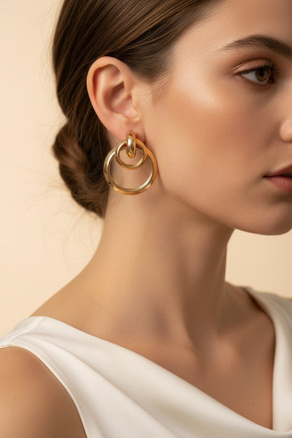 Gold Plated Double Ring Drop Hoop Earrings for Women
