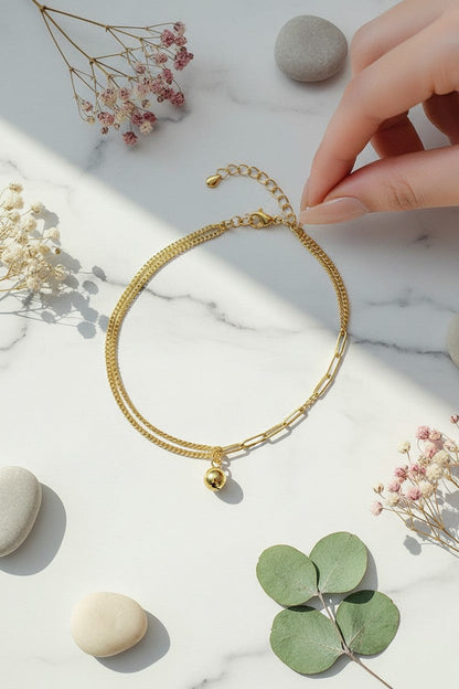 Dual-Strand Curb & Paperclip Chain Ball Anklet