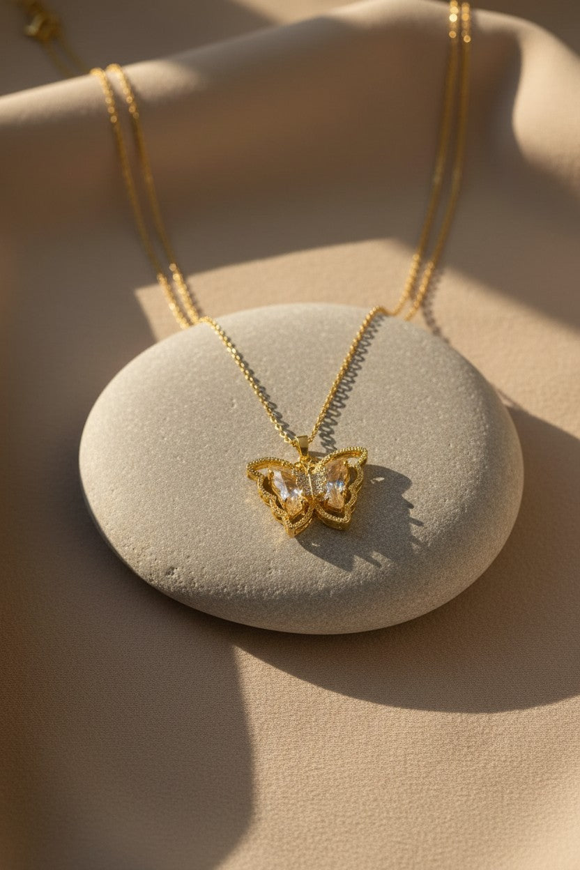Monarch Paved Winged Solitaire Gold Necklace | Stainless Steel