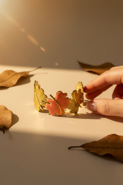 Ginkgo Leaf Enamel Stainless Steel Cuff Bracelet