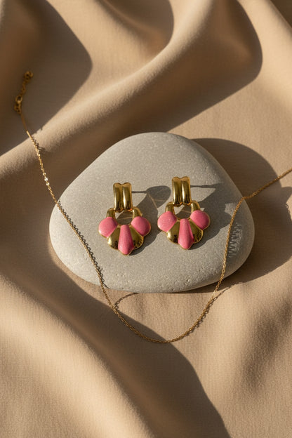 Retro Fan Pink Enamel Stainless Steel Drop Earrings