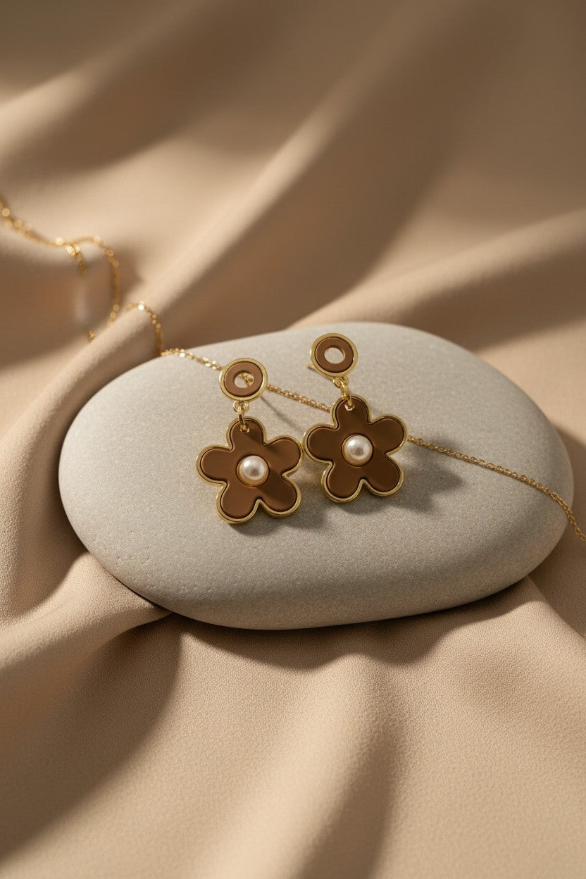 Meadow Blossom Green Enamel Pearl Drop Earrings