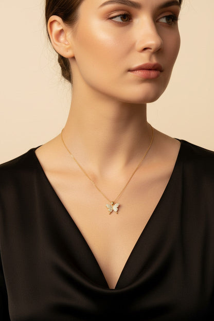 Gold Plated Cubic Zirconia Butterfly Pendant Necklace for Women
