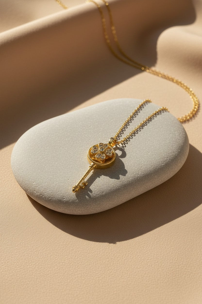 Clover Key Crystal Embedded Gold Necklace | Stainless Steel