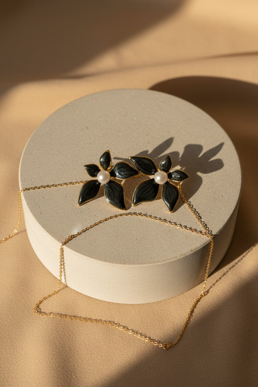 Mint Blossom Enamel Pearl Stud Earrings