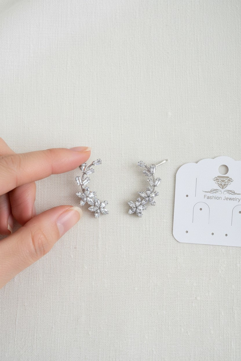 Silver Plated Cubic Zirconia Floral Ear Cuff Climber Earrings for Women