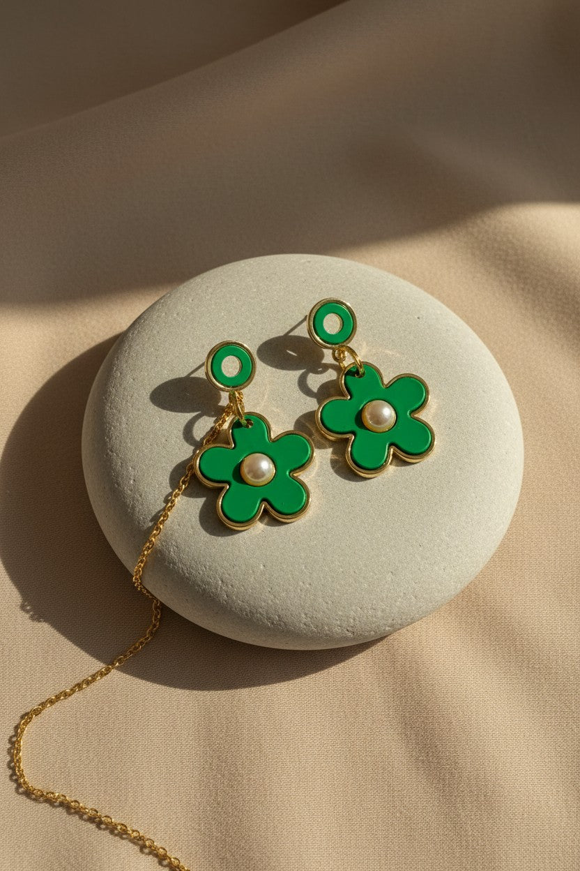 Meadow Blossom Green Enamel Pearl Drop Earrings