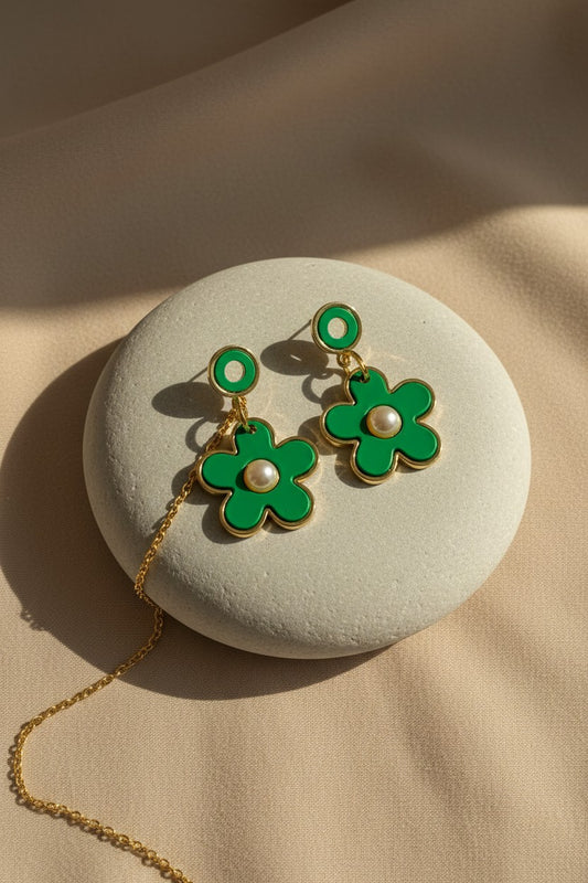 Meadow Blossom Green Enamel Pearl Drop Earrings