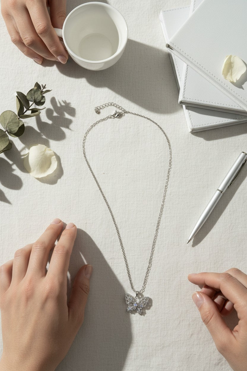 Silver Plated Crystal Butterfly Pendant Necklace with Gift Box for Women